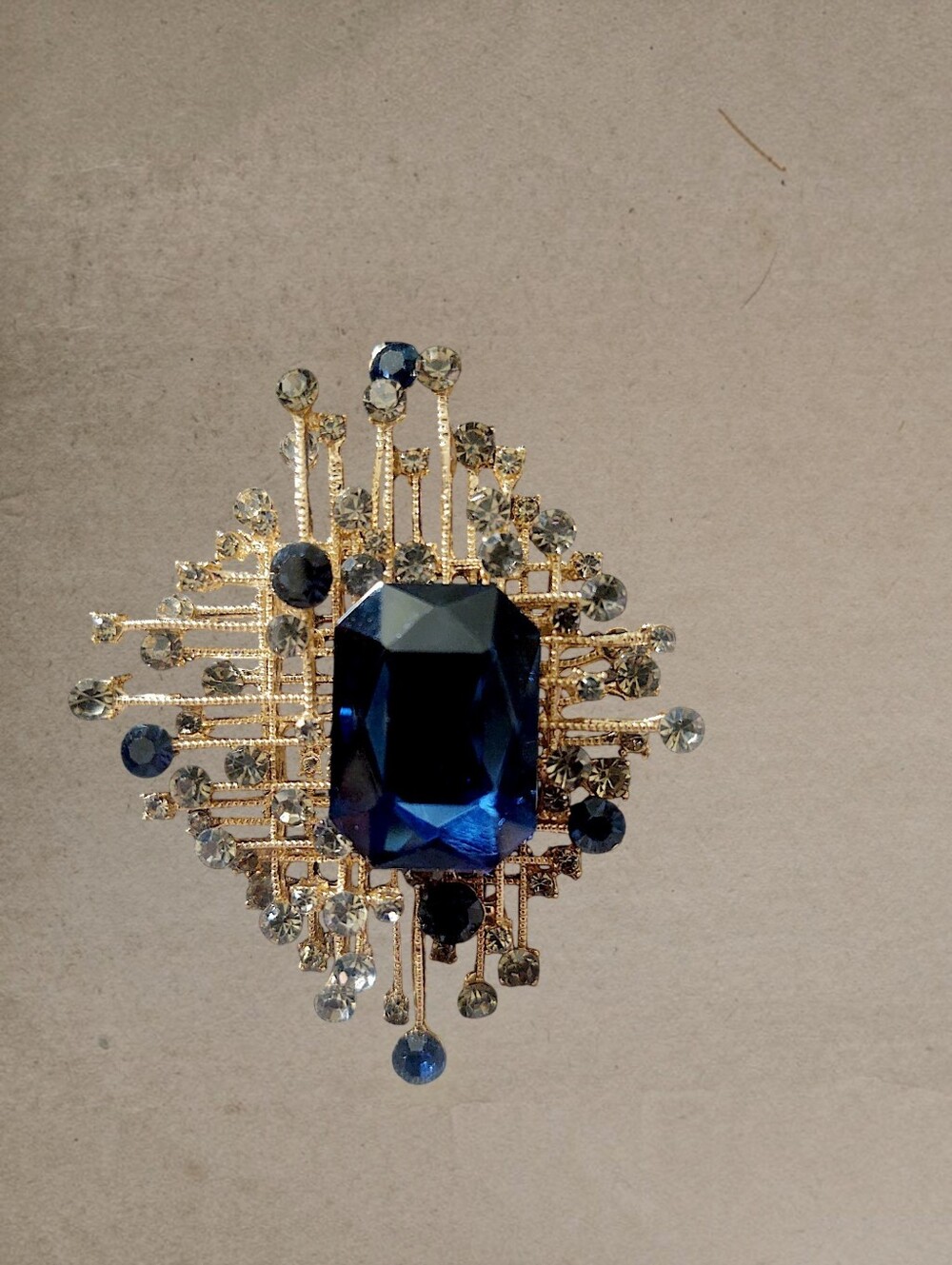 Abstract Geometric Blue Rhinestone Brooch